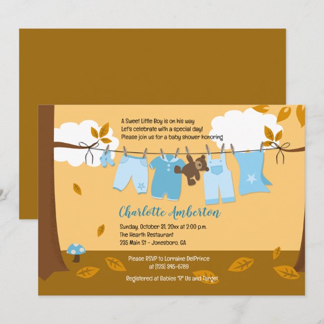 Autumn Baby Clothesline Blue BOY 5x7 Baby Shower Invitation (Front/Back)