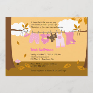 Autumn Baby Clothesline Pink Girl 5x7 Baby Shower Invitation