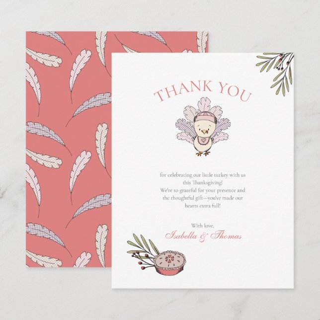Autumn Baby Girl Little Turkey Thank You Card (Front/Back)