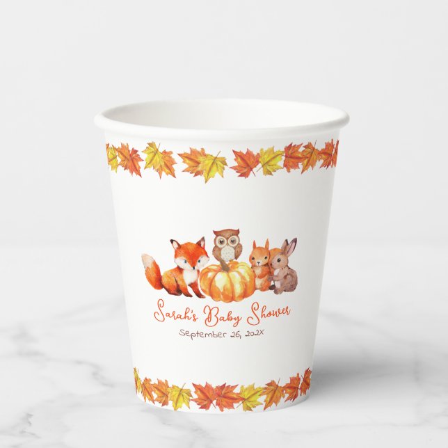 Autumn Baby Shower Pumpkin Animals and Fall Leaves Paper Cups (Front)