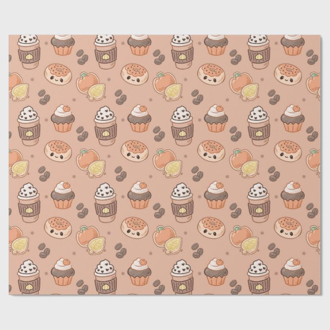 Autumn Baked Goods & Coffee Kawaii Pattern Wrapping Paper (Flat)