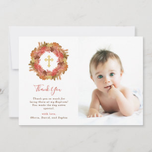 Autumn Baptism   Fall Leaves and Gold Cross Photo Thank You Card