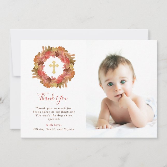 Autumn Baptism | Fall Leaves and Gold Cross Photo Thank You Card (Front)