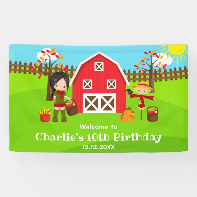 Autumn Barnyard Birthday Black Hair Girl Welcome Banner (Horizontal)
