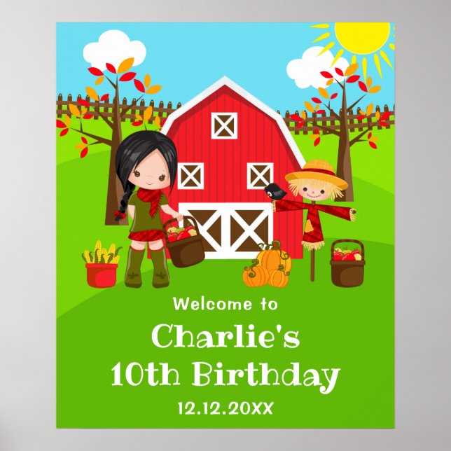 Autumn Barnyard Birthday Black Hair Girl Welcome Poster (Front)