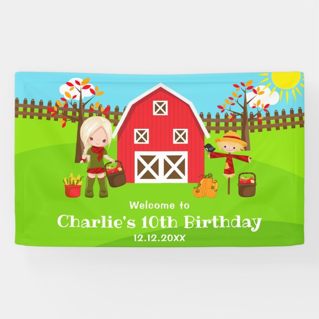 Autumn Barnyard Birthday Blonde Hair Girl Welcome Banner (Horizontal)
