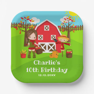 Autumn Barnyard Birthday Brown Hair Girl Paper Plate