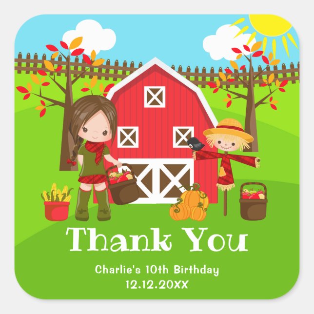 Autumn Barnyard Birthday Brown Hair Girl Thank You Square Sticker (Front)