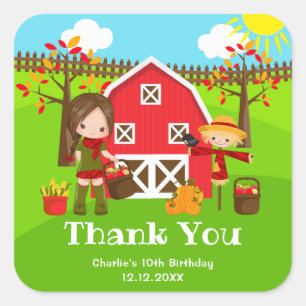 Autumn Barnyard Birthday Brown Hair Girl Thank You Square Sticker