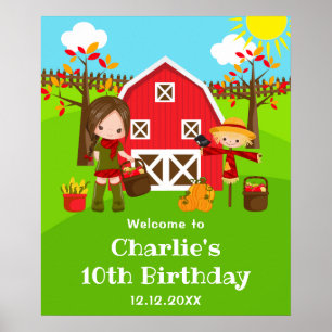 Autumn Barnyard Birthday Brown Hair Girl Welcome Poster