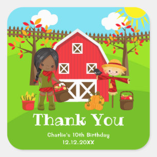 Autumn Barnyard Birthday Dark Skin Girl Thank You Square Sticker