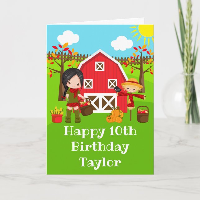 Autumn Barnyard Black Hair Girl Happy Birthday  Card (Front)