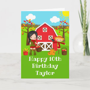 Autumn Barnyard Black Hair Girl Happy Birthday  Card