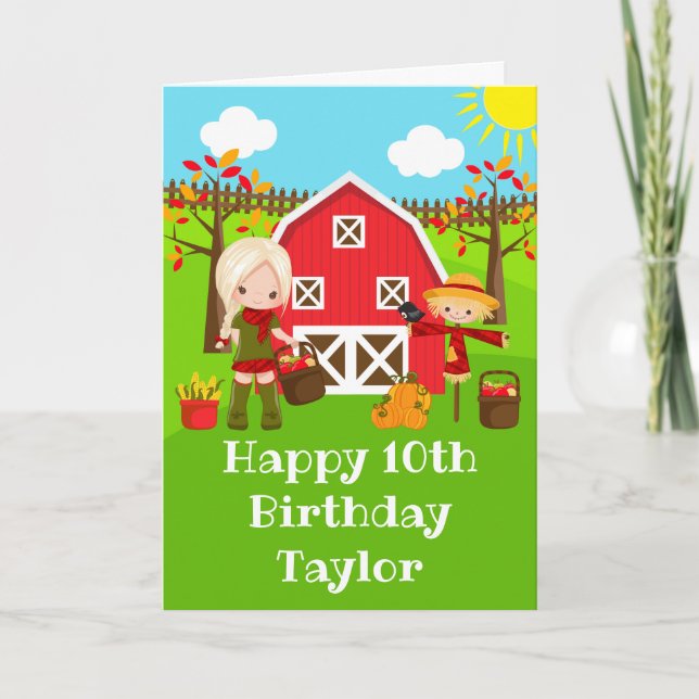 Autumn Barnyard Blonde Hair Girl Happy Birthday  Card (Front)