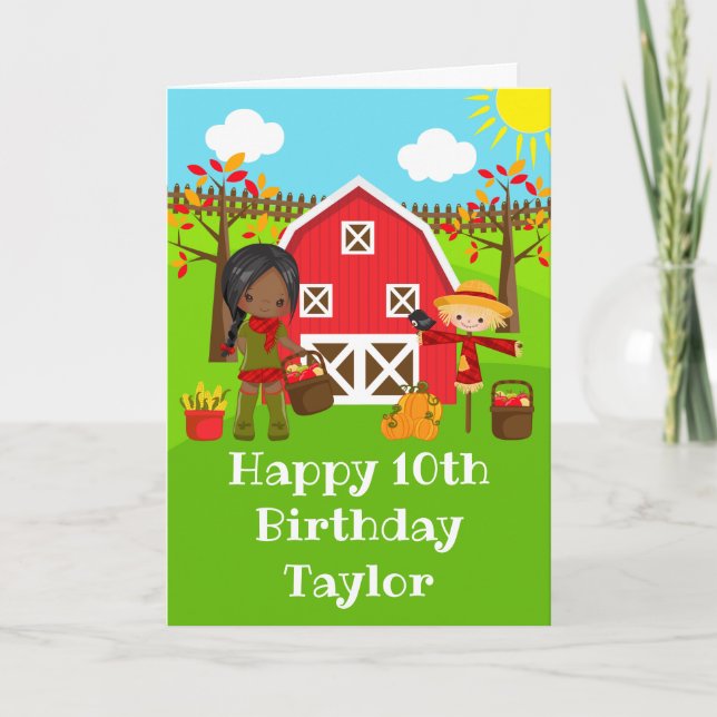 Autumn Barnyard Dark Skin Girl Happy Birthday  Card (Front)