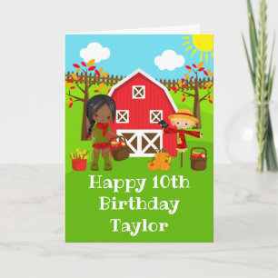 Autumn Barnyard Dark Skin Girl Happy Birthday  Card