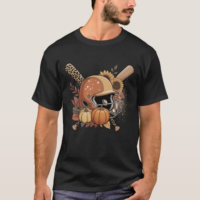 Autumn Baseball – Leopard Print Helmet Sunflowers T-Shirt (Front)