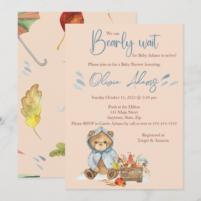 Autumn Bear Baby Shower invitation, Fall bear Invitation (Front/Back)