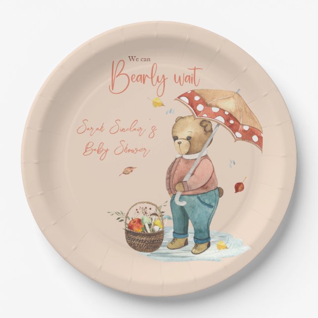 Autumn Bear Baby Shower Paper Plate, Fall bear Paper Plate (Front)