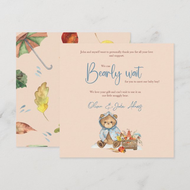 Autumn Bear Baby Shower Thank you,  Fall bear  Thank You Card (Front/Back)