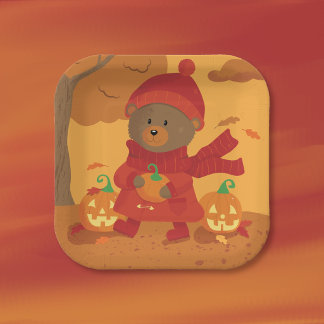 Autumn Bear Halloween Square Paper Plate