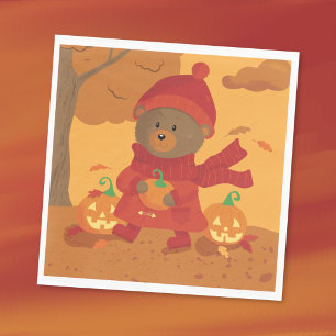 Autumn Bear with a Pumpkin Halloween Paper Napkins