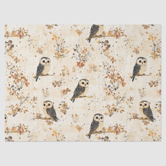 Autumn Beige Owl Botanical Forest Pattern Tissue Paper (Front)