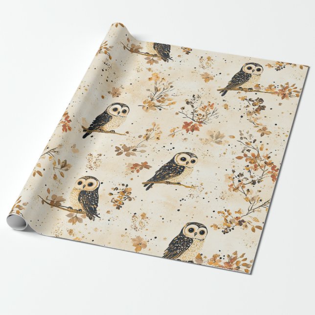 Autumn Beige Owl Botanical Forest Pattern Wrapping Paper (Unrolled)