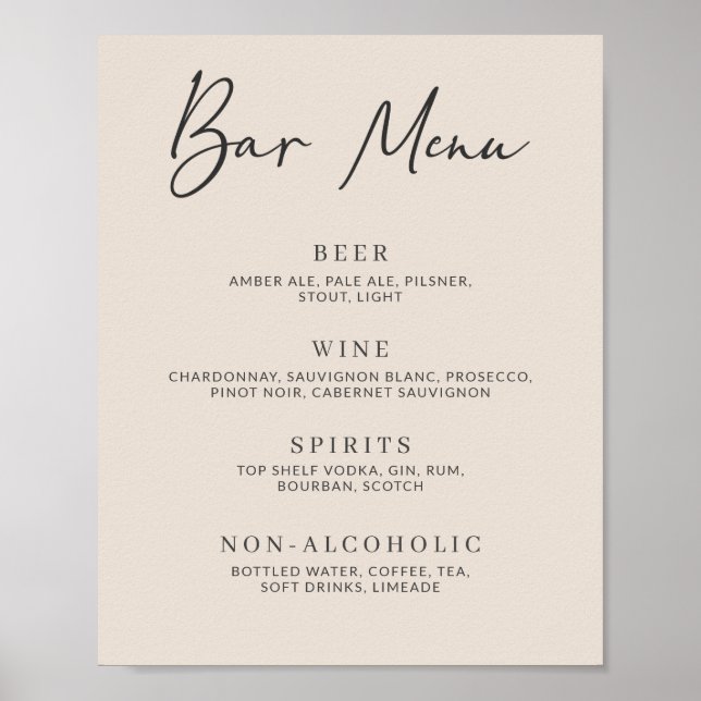 Autumn Beige Simple Minimalist Bar Menu Poster (Front)