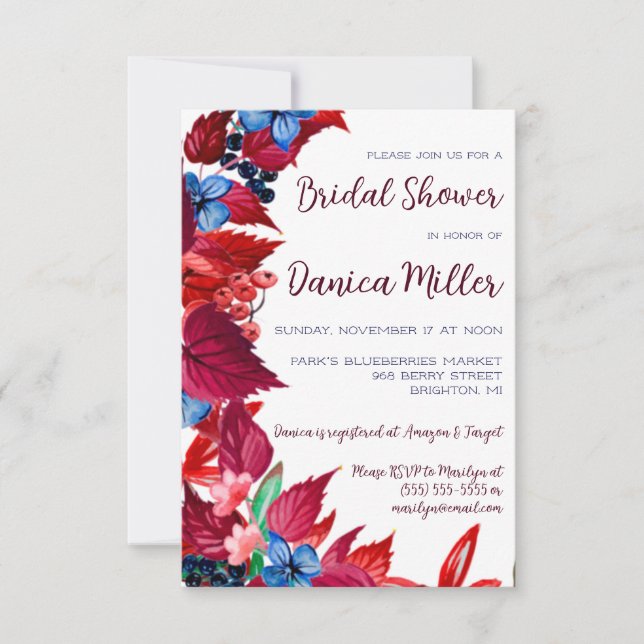 Autumn Berries & Leaves, Red & Blue Bridal Shower Invitation (Front)