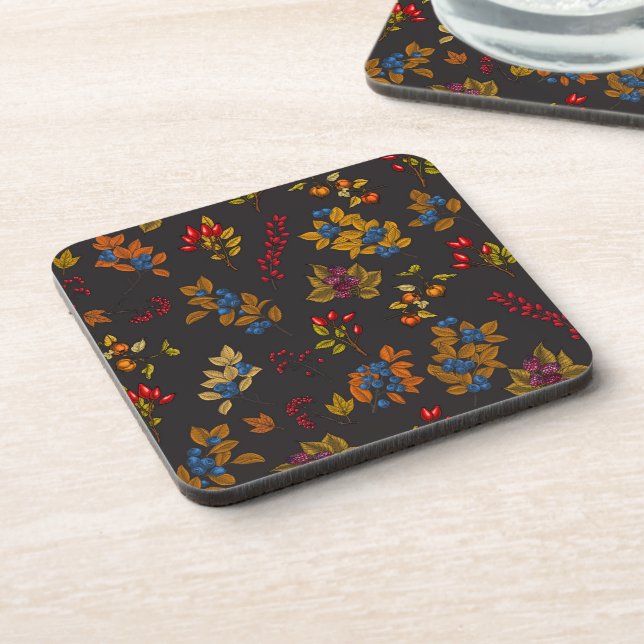 Autumn berries on chocolate brown 2 coaster (Left Side)
