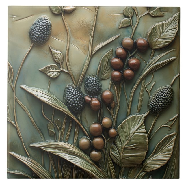 Autumn Berry Branch Botanical Faux Relief  Tile (Front)