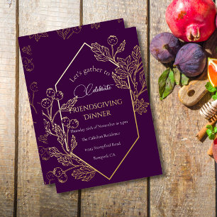 Autumn Berry Frame Dark Plum Gold Friendsgiving Foil Holiday Card