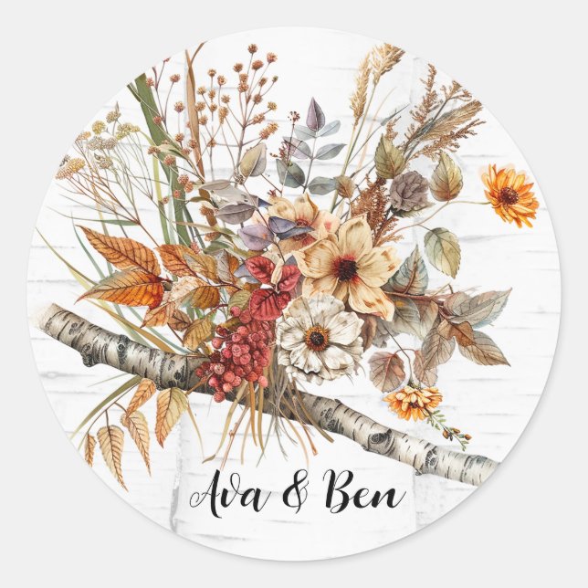 Autumn Birch Tree and Wildflowers Wedding Classic Round Sticker (Front)