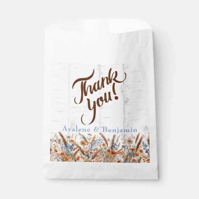 Autumn Birch Tree and Wildflowers Wedding Favour Bags (Front)