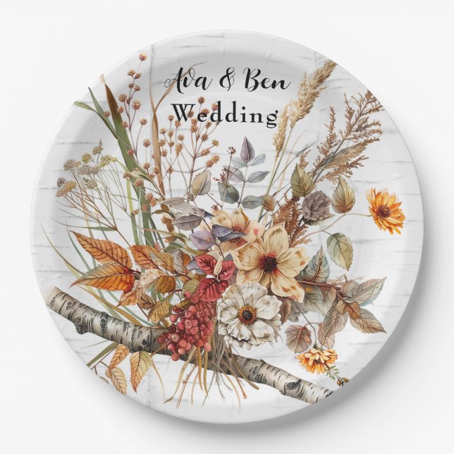 Autumn Birch Tree and Wildflowers Wedding Paper Plate (Front)