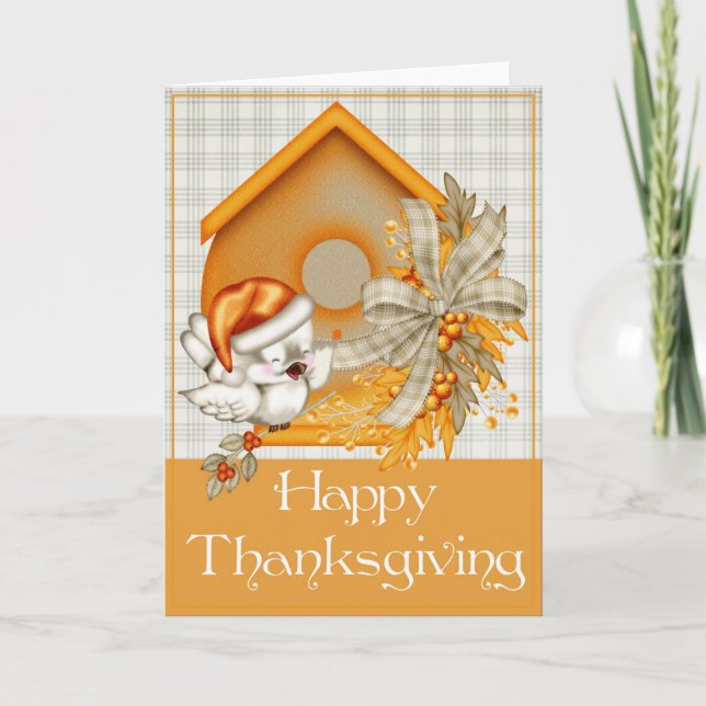Autumn Bird Birdhouse Happy Thanksgiving Card 2 (Front)
