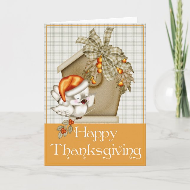 Autumn Bird Birdhouse Happy Thanksgiving Card 3 (Front)