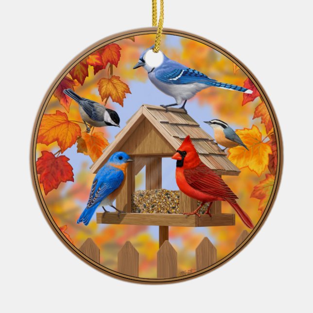 Autumn Bird Feeder Gathering Ceramic Tree Decoration (Front)