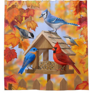 Autumn Bird Feeder Gathering Shower Curtain