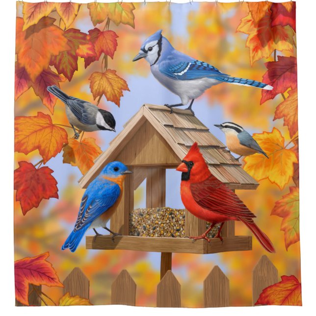 Autumn Bird Feeder Gathering Shower Curtain (Front)