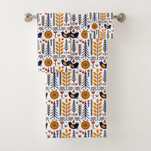 Autumn Bird Folk Art Pattern Bath Towel Set