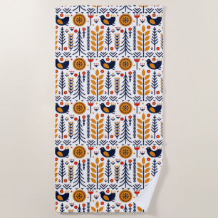 Autumn Bird Folk Art Pattern Beach Towel