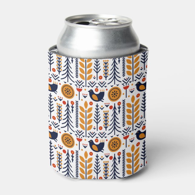 Autumn Bird Folk Art Pattern Can Cooler (Can Front)