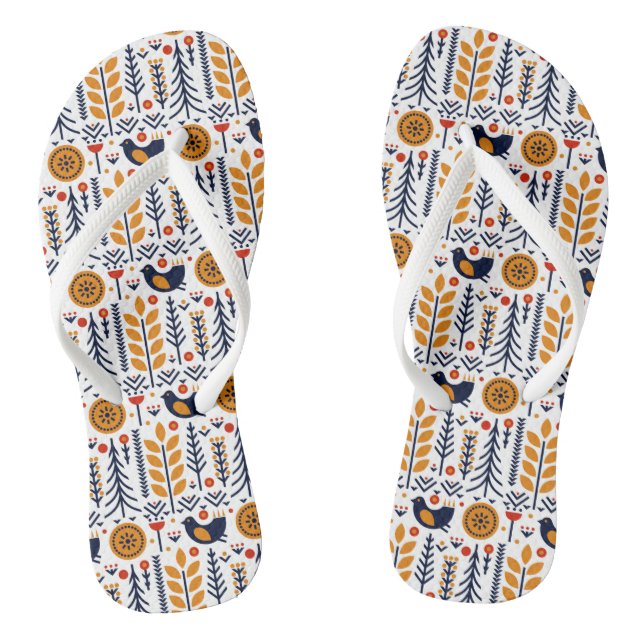 Autumn Bird Folk Art Pattern Flip Flops (Footbed)