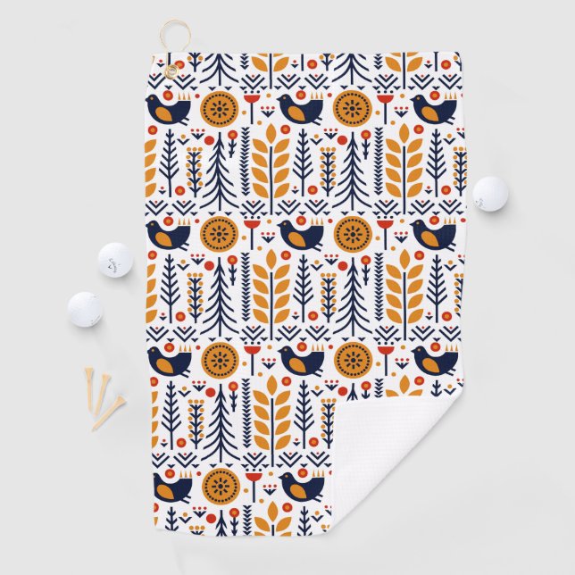 Autumn Bird Folk Art Pattern Golf Towel (InSitu)