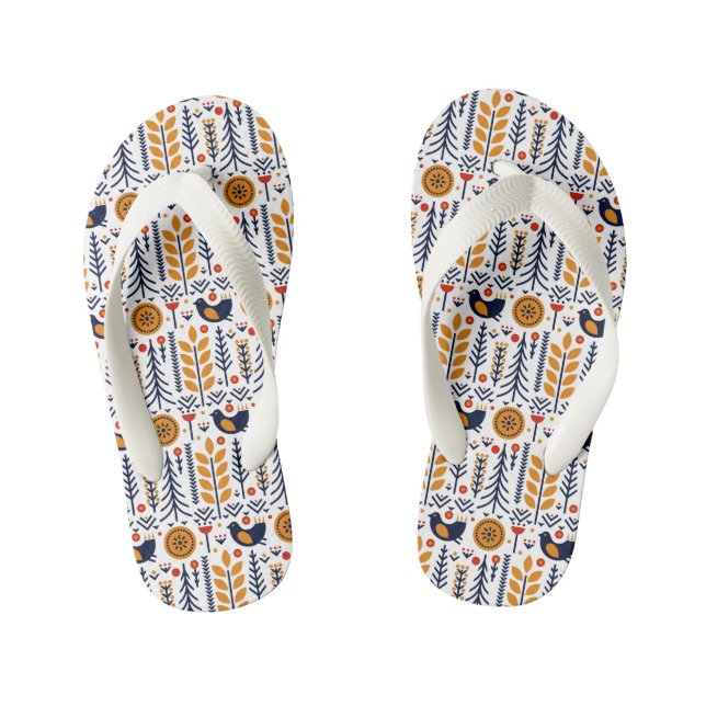 Autumn Bird Folk Art Pattern Kid's Flip Flops (Footbed)