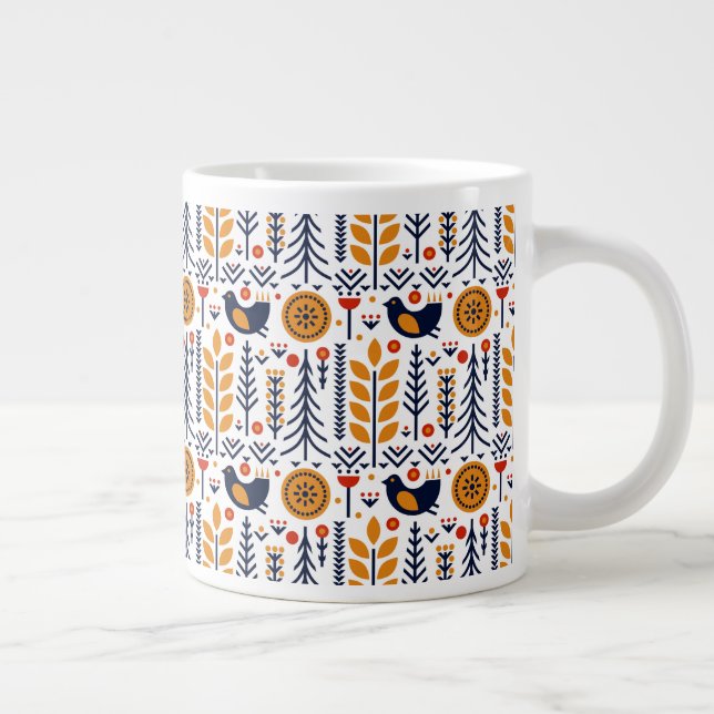 Autumn Bird Folk Art Pattern Large Coffee Mug (Right)