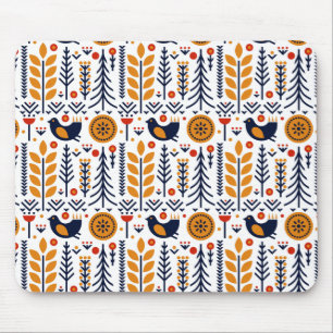 Autumn Bird Folk Art Pattern Mouse Mat