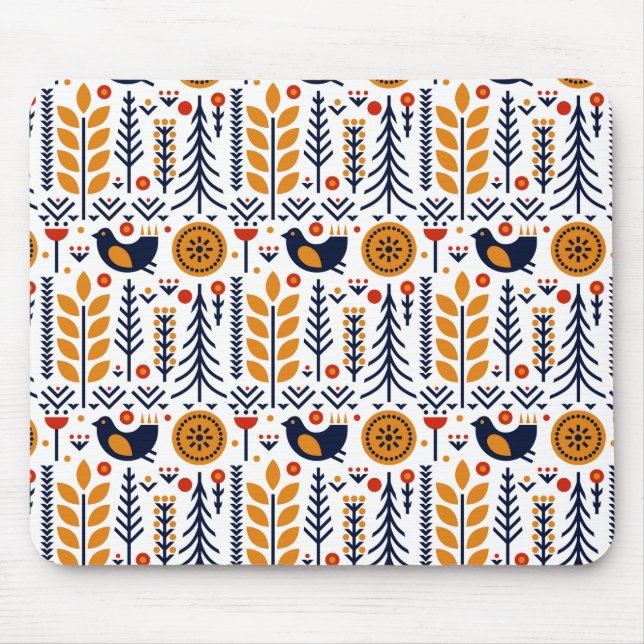 Autumn Bird Folk Art Pattern Mouse Mat (Front)
